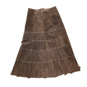 Vtg Brown Suede Leather Flare Maxi Skirt Studded Lined Whimsigoth Tiered Sz L